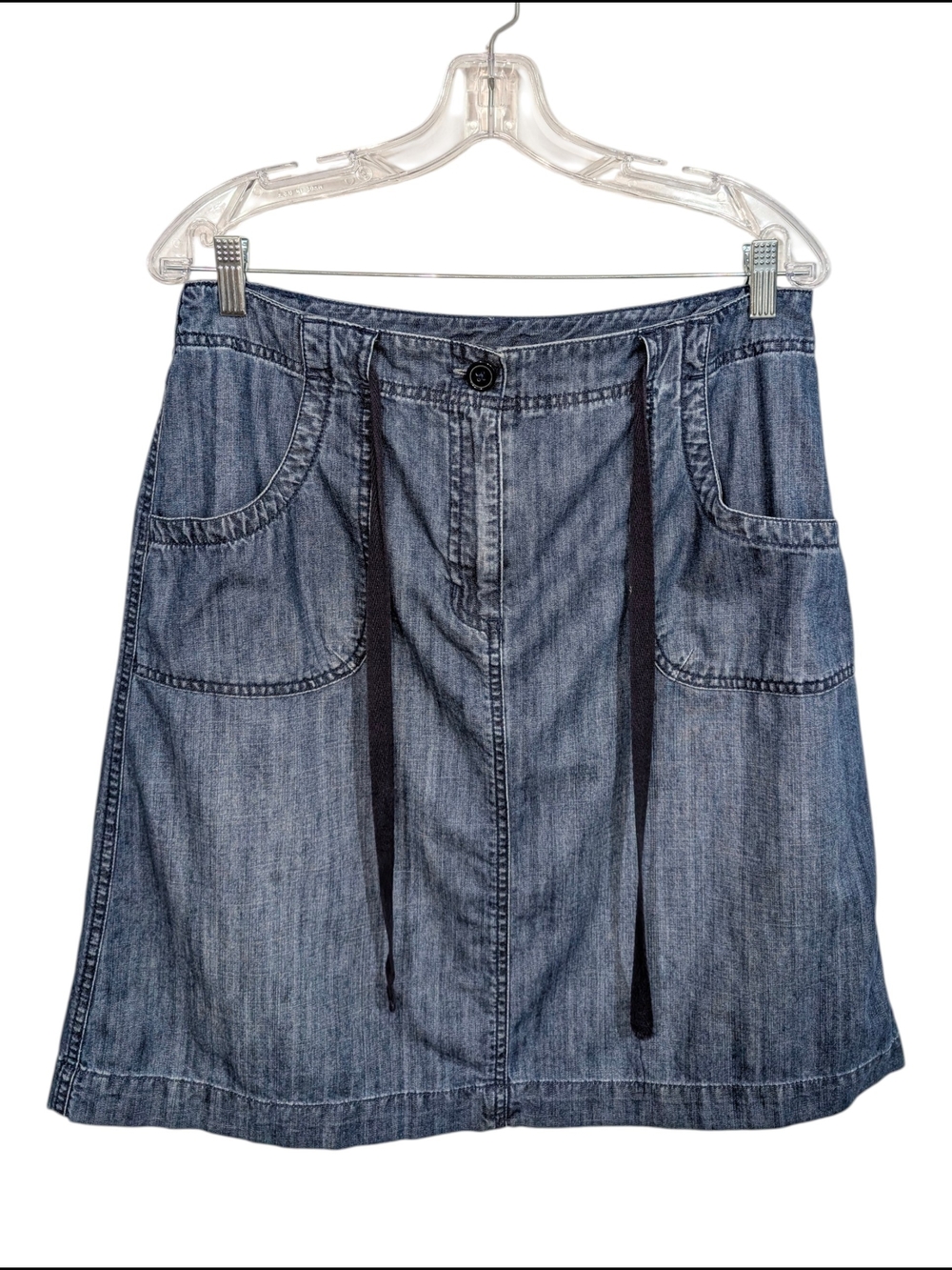 Talbots 12 Blue Cotton "Denim-Look" A-Line Skirt Drawstring Zip Button Closure